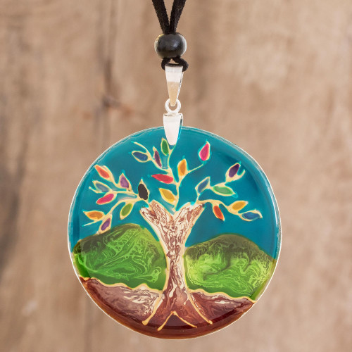 Tree-Themed Glass Pendant Necklace in Blue from Costa Rica 'Tree of Life at Night'