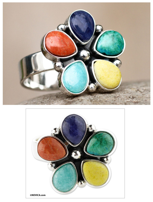 Artisan Crafted Multi-gem Sterling Silver Ring 'Andean Bloom'