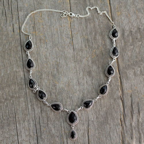 Indian Jewelry Glass and Sterling Silver Y Necklace  'Divine Night'