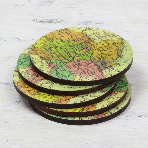 Round Laminated Wood Map Coasters Set of 5 from India 'Countries of the World'