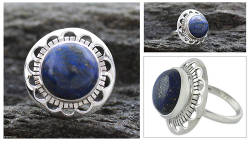 Unique Sterling Silver Single Stone Lapis Lazuli Ring 'Blue Moon Halo'