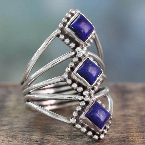 Artisan Crafted Lapis Lazuli and Silver Ring from India 'Deep Blue Diamonds'