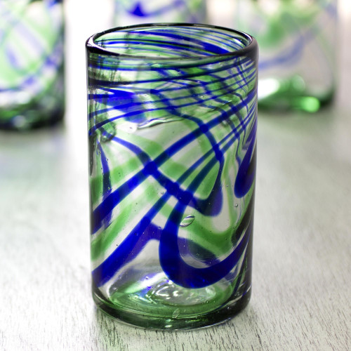 Six Blue Swirl Hand Blown 11 oz High Ball Glasses - Sapphire Swirl