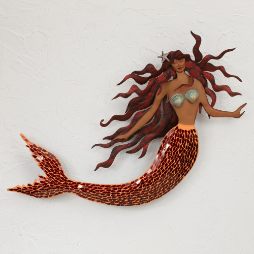 Handmade Iron and Glass Mosaic Mermaid Wall Sculpture 'Ocean Queen'