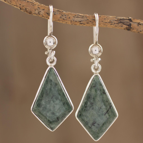 Jade Earrings with Sterling Silver Settings from Guatemala 'Jungle Pyramids'