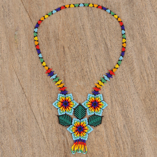 Floral Huichol Glass Beaded Necklace from Mexico 'Huichol Trio'