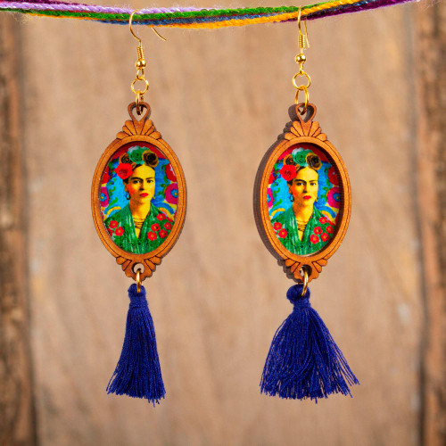 Handcrafted Frida Kahlo Wood Dangle Earrings Blue Tassels 'Frida with Roses'