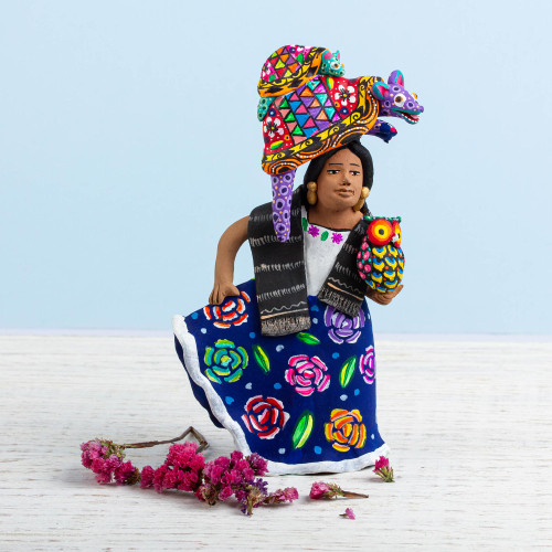 Alebrije-Themed Ceramic Sculpture from Mexico 'Woman with Alebrijes'
