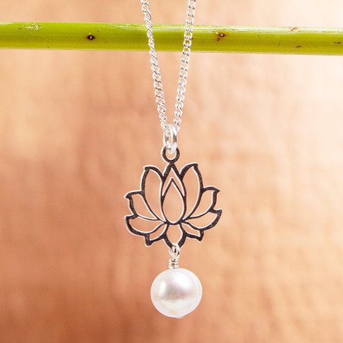Cultured Pearl Lotus Flower Pendant Necklace from Mexico 'Glowing Lotus Charm'