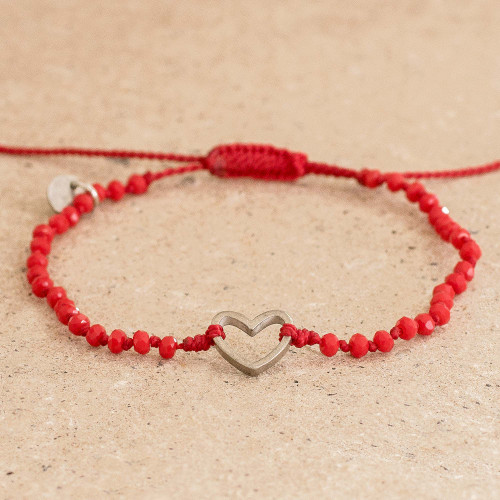 Beaded Red Cord Bracelet with Heart Pendant 'Love is Everywhere'