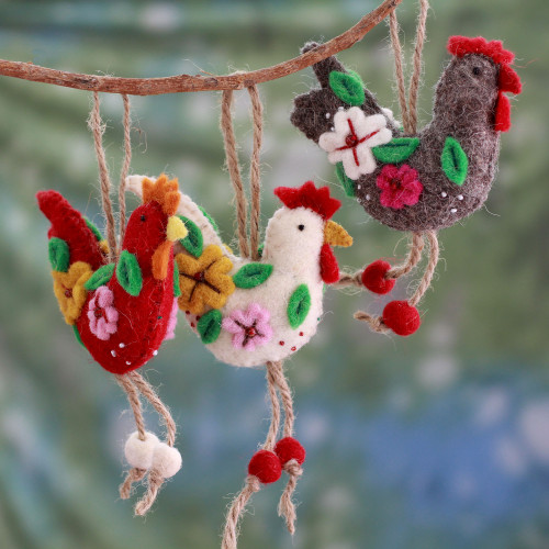 Handcrafted Wool Felt Ornaments from India set of 3 'Three French Hens'