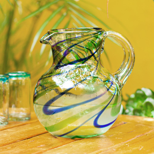 Set of 6 Recycled Hand Blown Aqua Wine Glasses from Mexico, 'Elegant Aqua  Swirl