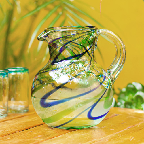 Blue and Green Swirls Hand Blown Glass Pitcher 84 oz 'Elegant Energy'