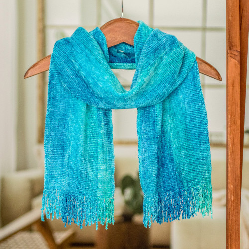 Blue Backstrap Loom Rayon Chenille Scarf 'Radiant Lagoon'