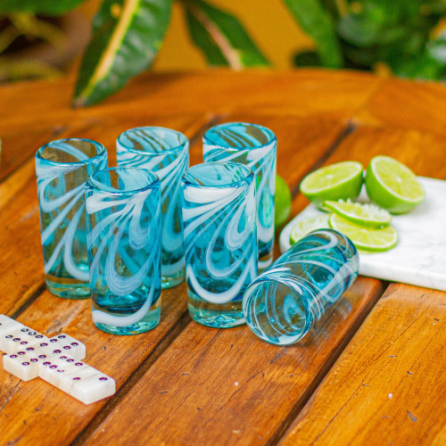 Unique Handblown Glass Water Tumblers Drinkware (Set of 6) - Marine