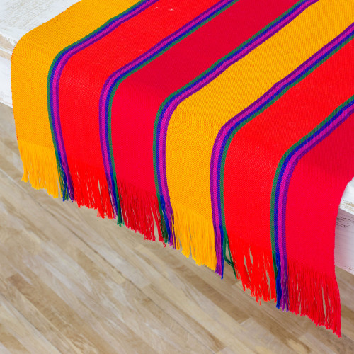 Multicolor Striped Cotton Table Runner from Guatemala 'Sunset Glory'