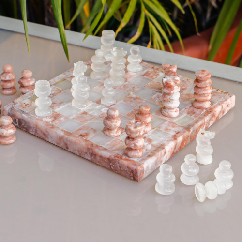 Onyx and Marble Chess Set in Pink and Ivory from Mexico 'Pink and Ivory Challenge'