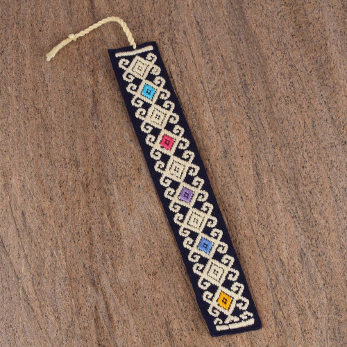 Handwoven Multi-Color Embroidered Cotton Bookmark 'Star Garden'