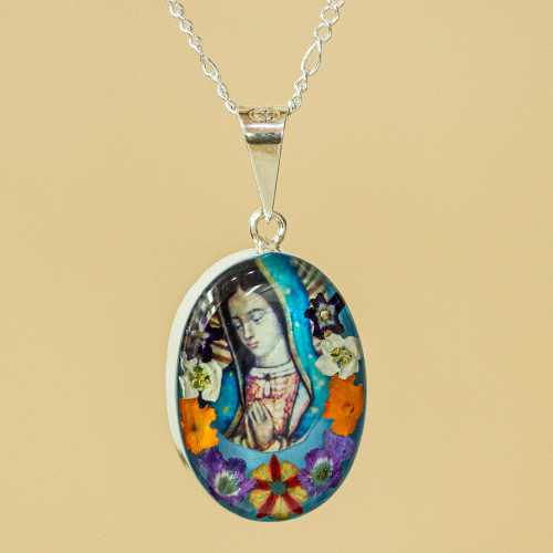 Virgin of Guadalupe Natural Flower and Silver Chain Necklace 'Flowers for Guadalupe'