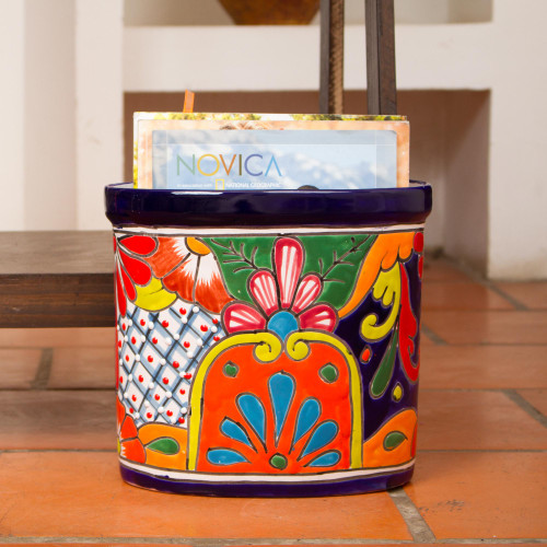 Floral Talavera-Style Ceramic Waste Bin from Mexico 'Talavera Collector'