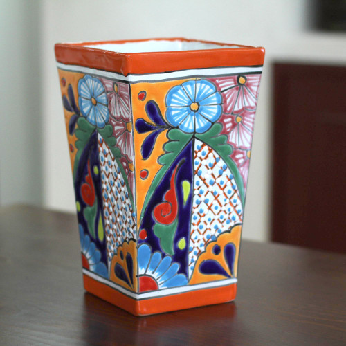 Hand-Painted Talavera Ceramic Vase Crafted in Mexico 'Talavera Symmetry'