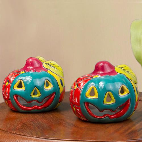 Jack-O-Lantern Talavera Ceramic Tealight Holders Pair 'Bright Jack-O-Lantern'