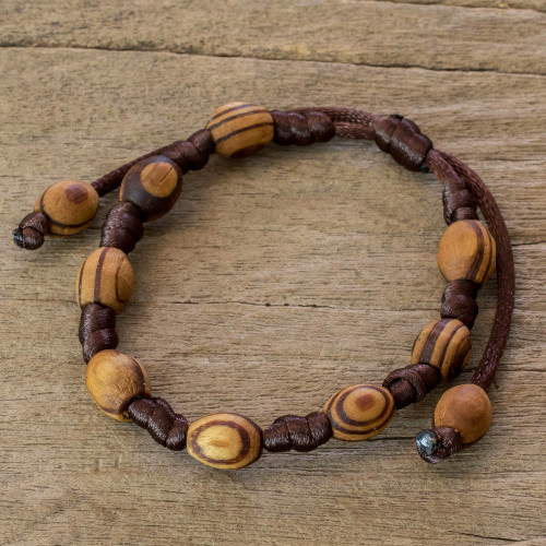 Handcrafted Brown Macrame Bracelet with Parota Wood Beads 'Beautiful Nature'