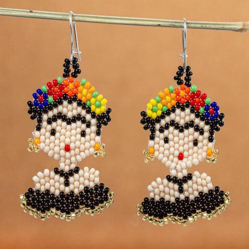 Handmade Beaded Frida Dangle Earrings 'Frida in Black'