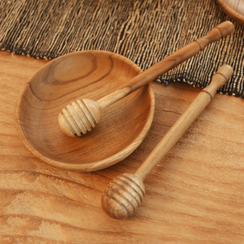 Handmade Teak Wood Honey Dippers from Bali Pair 'Sweet Treat'