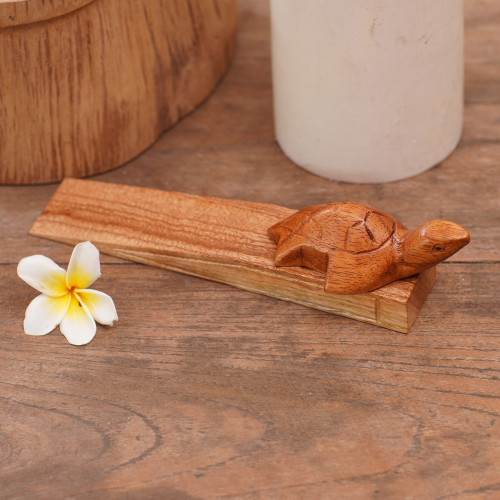 Handcrafted Turtle Wood Door Stop from Bali 'Curious Turtle'