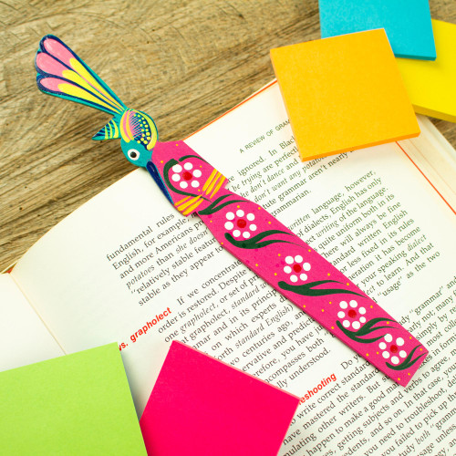 Handmade Floral Bird-Themed Copal Wood Bookmark from Mexico 'Reading Hummingbird'