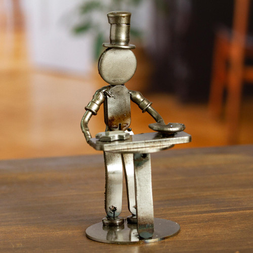 Handcrafted Recycled Scrap Metal Chef Statuette from Mexico 'Eco-Friendly Taste'
