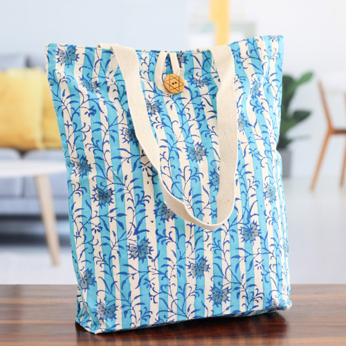 Leafy Block-Printed Cotton Tote Bag in Cyan and Turquoise 'Cyan Vines'