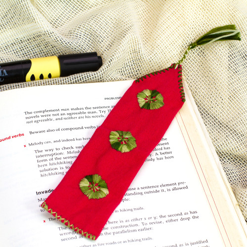Red Hand Woven Cotton Bookmark with Embroidery 'Storyteller'