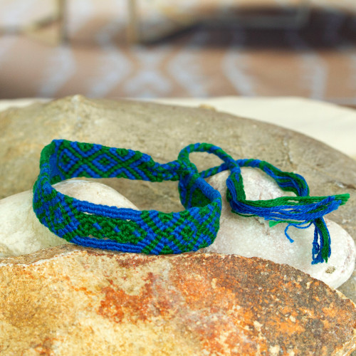 Cotton Macrame Wristband Bracelet in Blue and Green 'Green Geometry'
