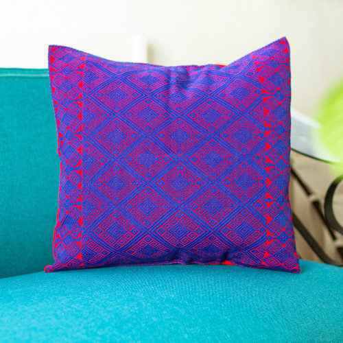 Red and Blue Brocade Cotton Cushion Cover from Mexico 'Red with Blue'