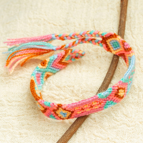 Handwoven Cotton Wristband Bracelet with Geometric Motifs 'Pink Geometry'