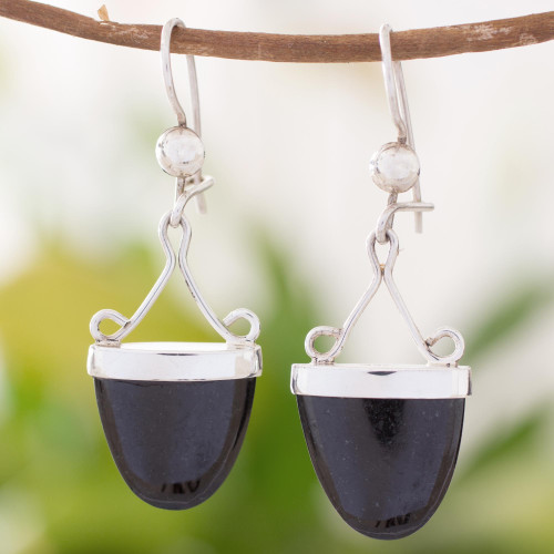 Artisan Crafted Black Jade and Sterling Silver Earrings 'Power of Life'