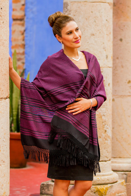 Bright Pink and Black Cotton Handwoven Zapotec Shawl 'Mexican Rose'