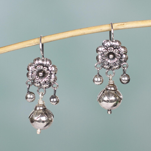 Silver Mazahua Style Artisan Crafted Floral Dangle Earrings 'Floral Enchantment'