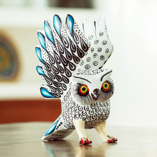 Blue Tipped White and Black Owl Alebrije Figure from Oaxaca 'Frosty Owl'