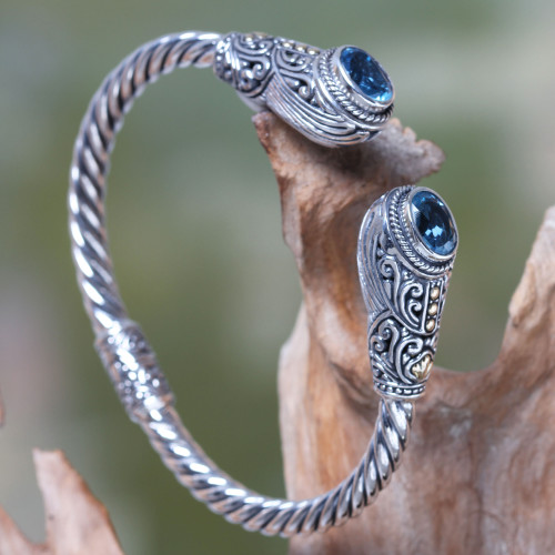 Bali Handcrafted Hinged Silver Blue Topaz Cuff Bracelet 'Empress of Gelgel'