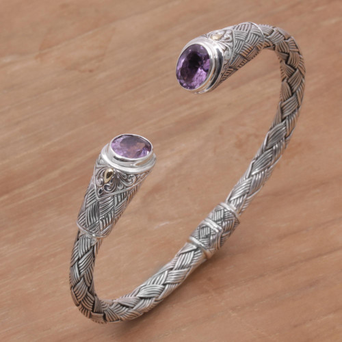 Gold Accent Amethyst and Silver Cuff Bracelet from Indonesia 'Bamboo Wicker'