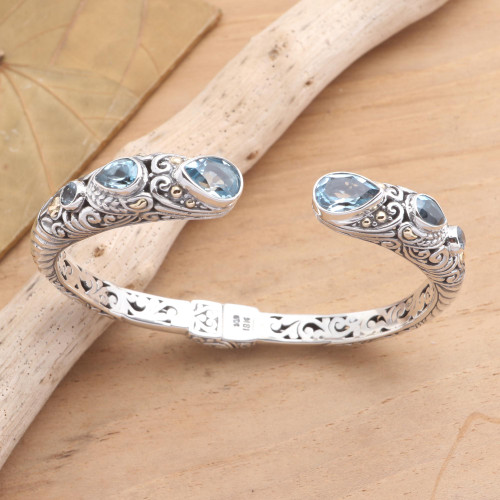 Sterling Silver and Blue Topaz Cuff Bracelet from Bali 'Fierce Warrior in Blue'