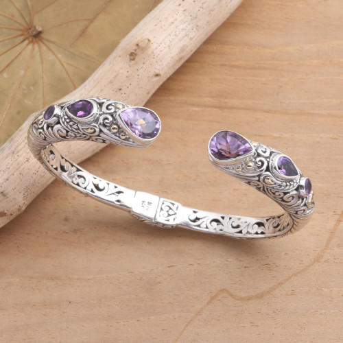 Sterling Silver and Amethyst Cuff Bracelet from Bali 'Fierce Warrior in Purple'