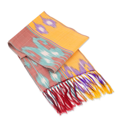 Multicolored Fringed Silk Ikat Scarf Handmade in Uzbekistan 'Samarkand Sunrise'