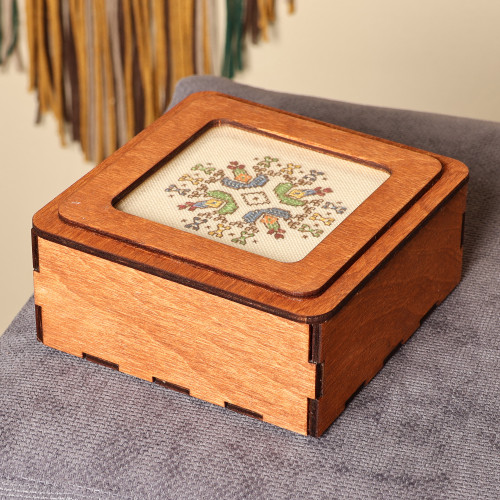 Handmade Wood Jewelry Box with Colorful Embroidered Motif 'Amazing Colors'