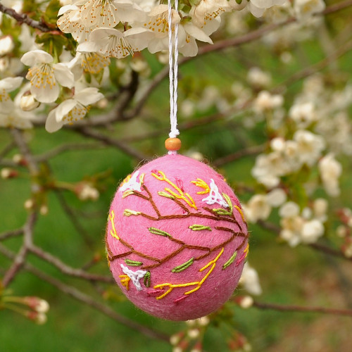 Handcrafted Floral Embroidered Wool Felt Ornament in Pink 'Marash Spring'