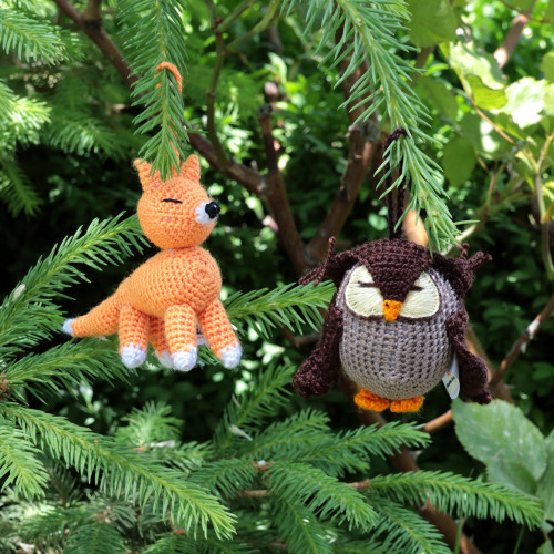Set of Two Fox and Owl Acrylic Ornaments Crocheted by Hand 'Holidays from the Forest'