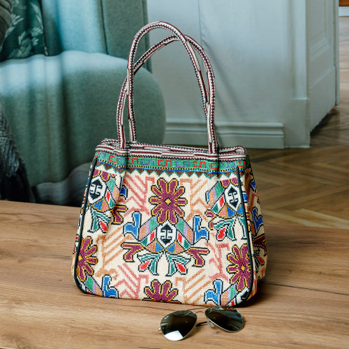 Tote Bag with Floral Uzbek Irokoi Hand Embroidery 'Flower Magnetism'